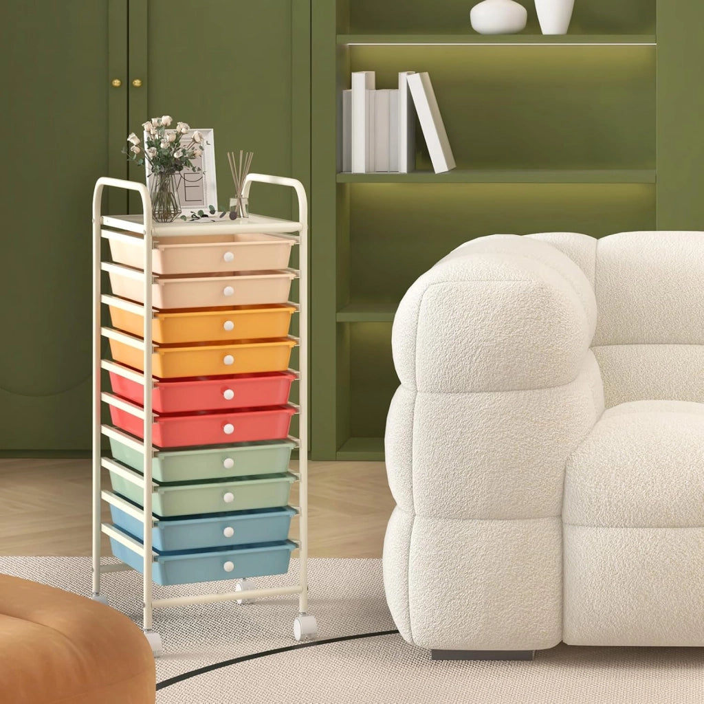 Carrello Portaoggetti con 10 Cassetti, Telaio in Metallo e Struttura in Plastica, 4 Ruote di cui 2 con Freno, Organizer Multiuso per Ufficio, Cucina e Bagno, 33 x 37 x 86 cm