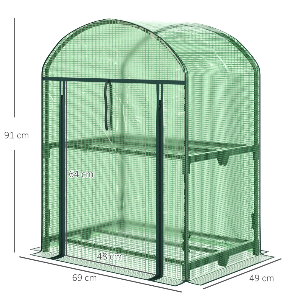 Mini Serra da Giardino con 2 Ripiani in Metallo e Copertura in PE, 69x49x92cm, Verde