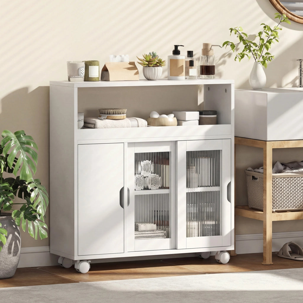 Mobile Bagno con Ante Vetro e Ruote ¨C Zephmum ¨C Bianco Legno 71x20x70 cm