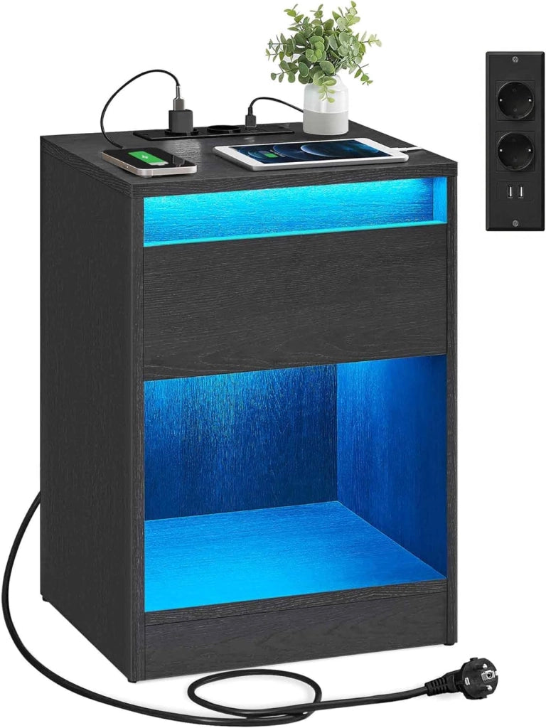 VASAGLE KAILYN Collezione - Comodino a LED con Stazione di Ricarica, Tavolino con Luci LED Regolabili, 2 Prese AC, 2 Porte USB, Moderno, per Camera da Letto Soggiorno, Bianco Nuvola LET618T15