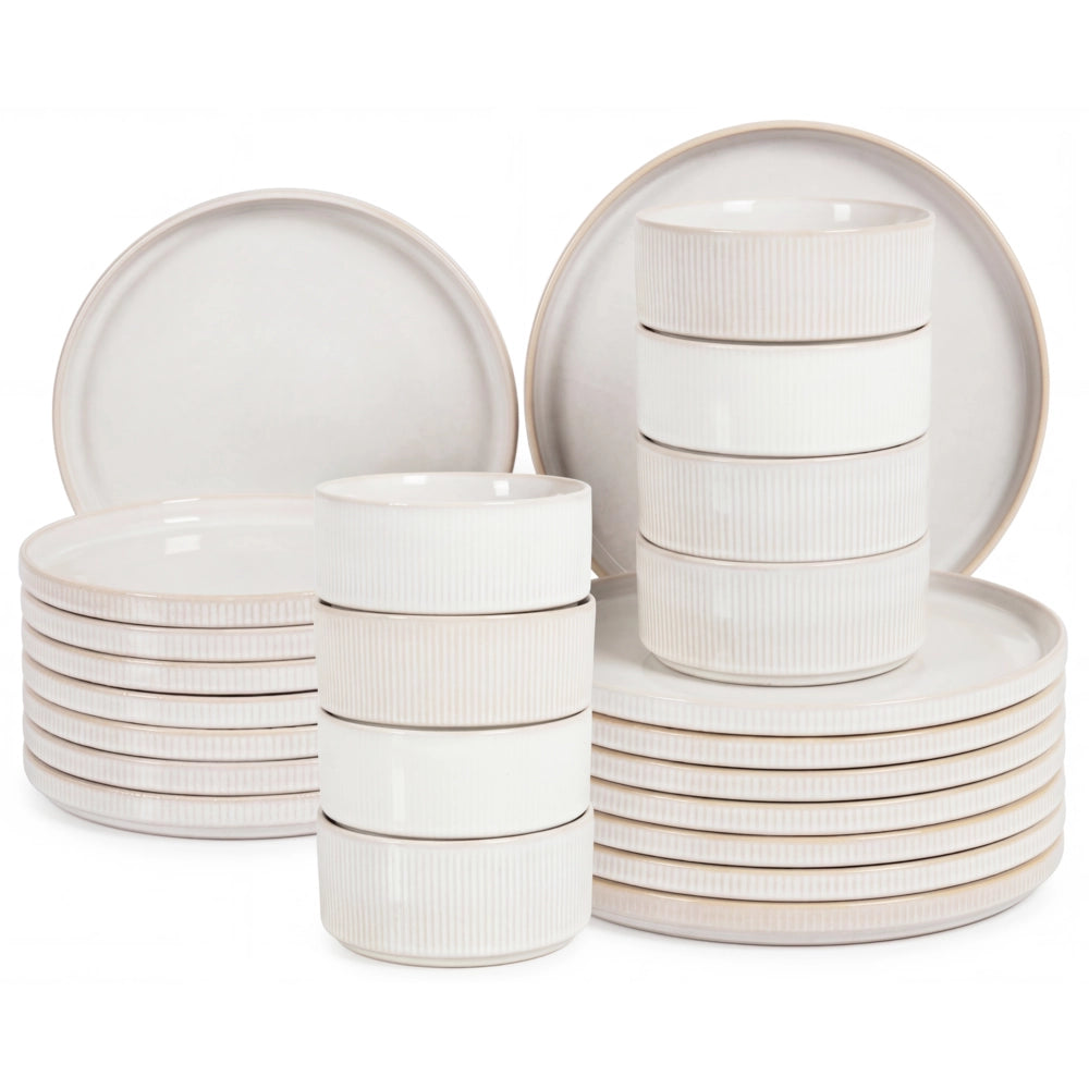 Set di 24 stoviglie di gres caolino bianco sporco fatto a mano con smalto reattivo Servizio per 8 persone Cucina Sala da pranzo