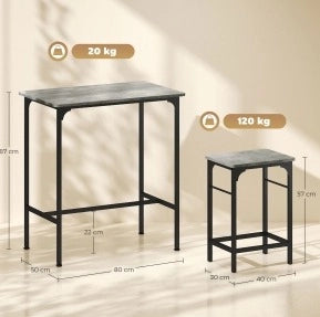 Set tavolo bar 80x50x87 cm con 2 sgabelli; struttura stabile in acciaio grigio