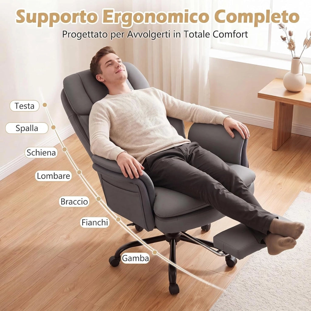Sedia da Ufficio Ergonomica, Portata 150 kg (Grigio) | Sedia Scrivania con Rotelle Girevole, Braccioli Regolabili su 5 Livelli e Poggiapiedi Retrattile, per Casa e Ufficio