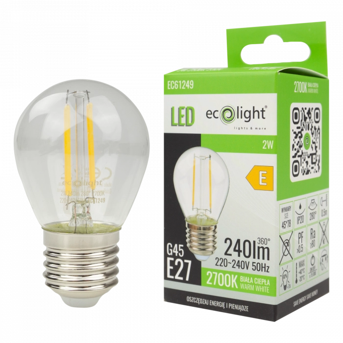 Lampadina LED Filament G45 E27 2W 2700K 240lm Ecolight
