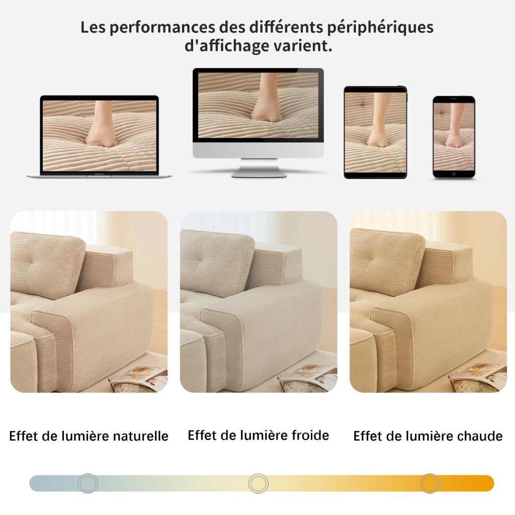 Divano modulare 3 posti con ottoman; seduta profonda; senza montaggio; velluto a coste beige