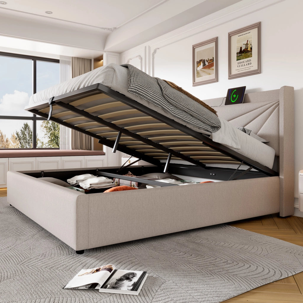 Letti contenitori 160x200 cm con ricarica USB e USB-C; cotone lino; beige (Senza materasso)