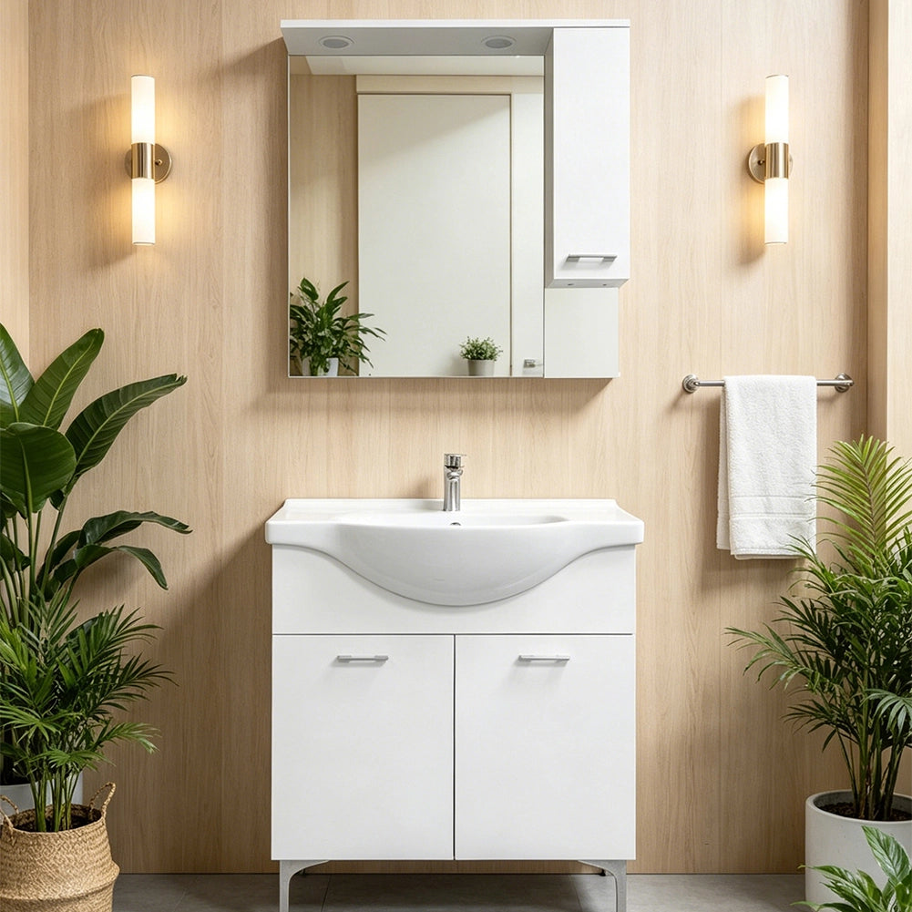Set Completo Mobile da Bagno da Terra 85 cm con Due Ante Bianco Specchio e Accessori