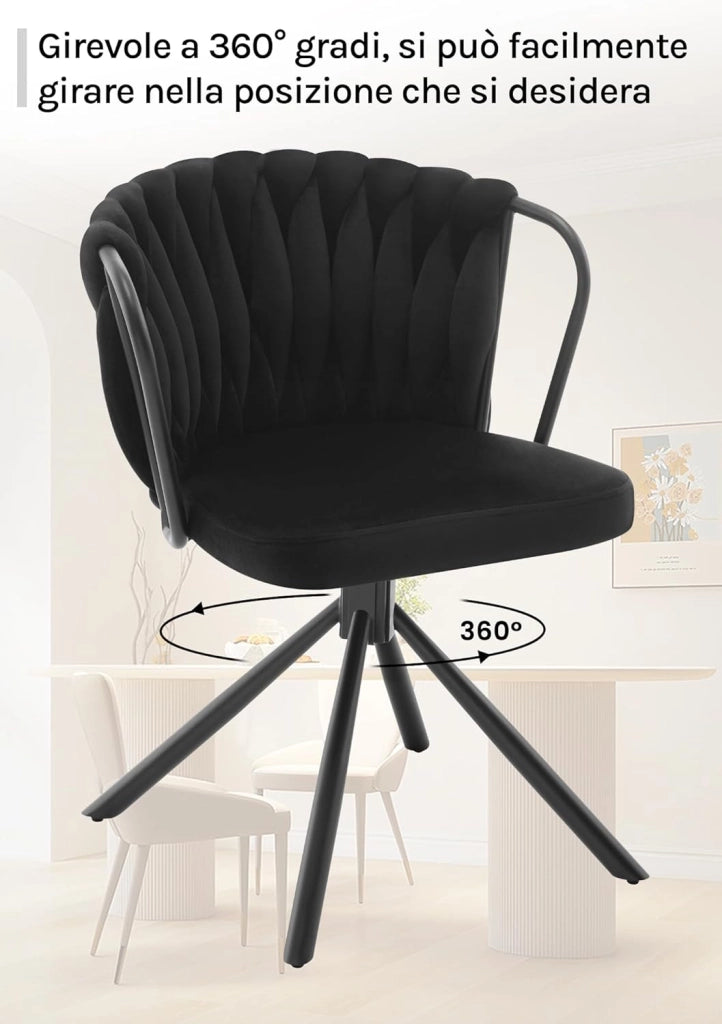Sedia da Pranzo Girevole Set di 2, Poltrona Imbottita con Schienale Intrecciato e Gambe in Metallo, Sedia Scandinava, Velluto,Nero EZS72sz-2