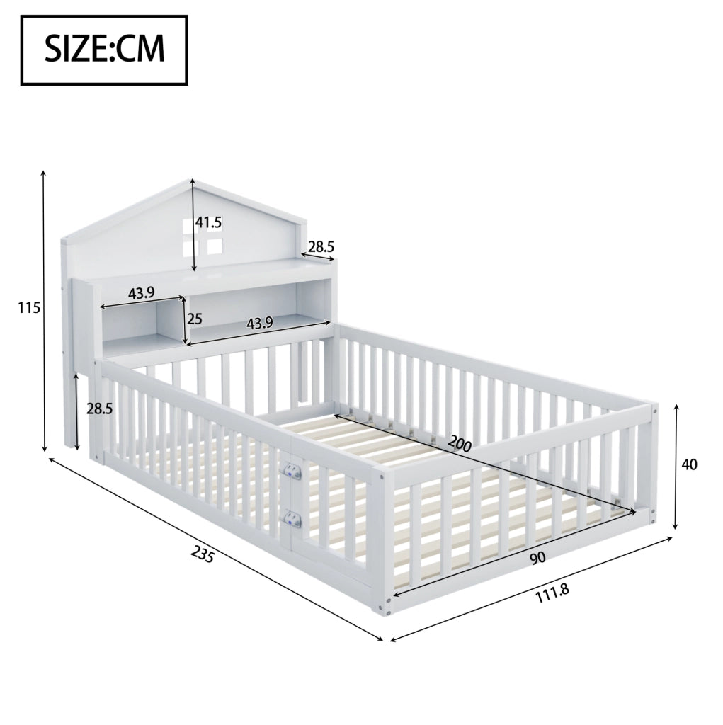 Letto per bambini a forma di casa con contenitori, sponde di sicurezza e rete a doghe