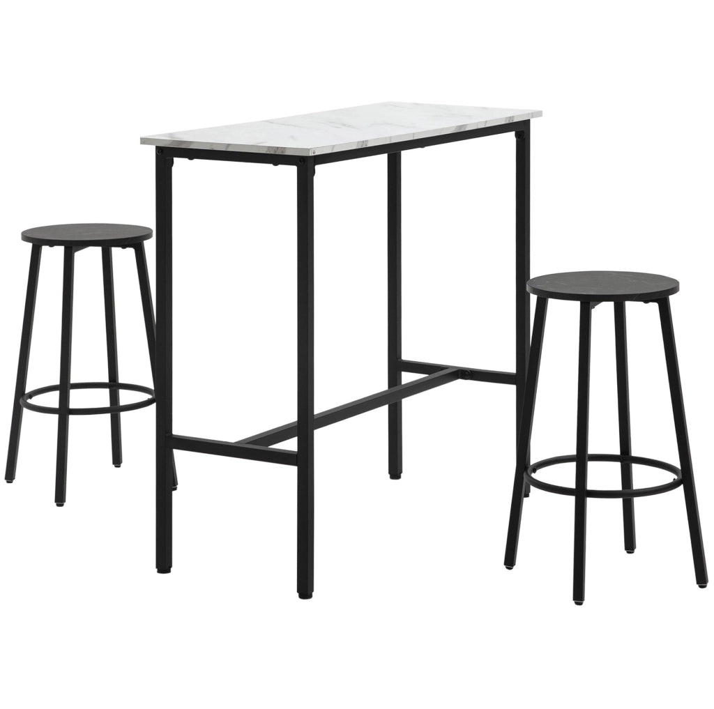 Set bar con 2 sgabelli; piano effetto marmo; acciaio; bianco