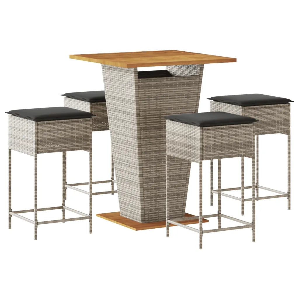 Set Bar da Giardino 5 pz con Cuscini in Polyrattan Grigio