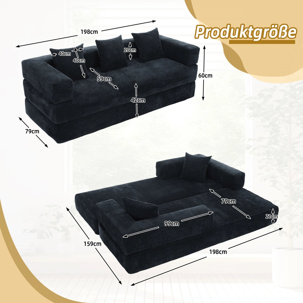 DIVANO modulare in chenille nero 198x79x60 cm