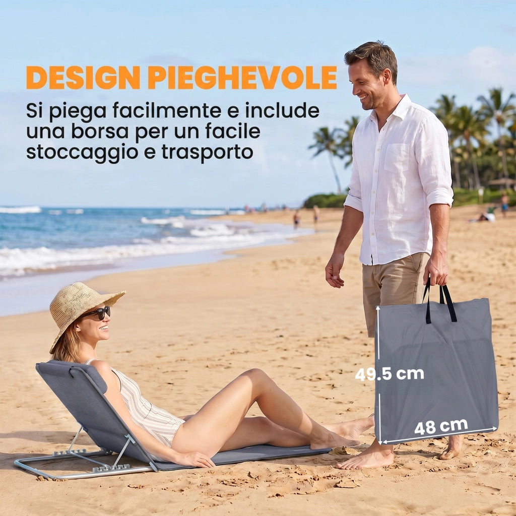 Set 2 Lettini Spiaggia Pieghevoli ¨C Xylo ¨C Acciaio PE Grigio Schienale Regolabile 5 Livelli 134x48x33-43cm