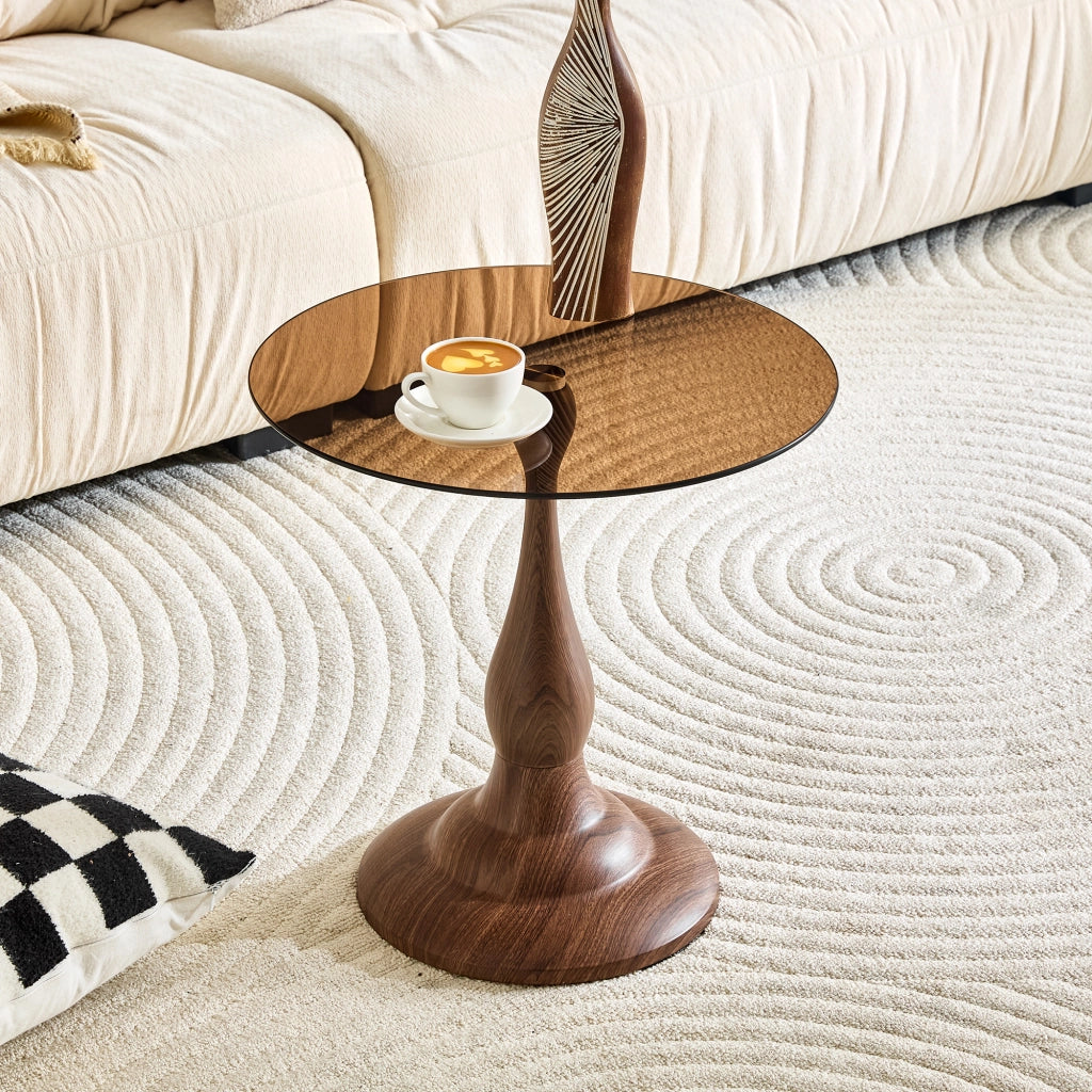 Tavolino basso rotondo in vetro temperato con base in metallo per soggiorno e camera da letto marrone diametro 50 × 51,5 cm