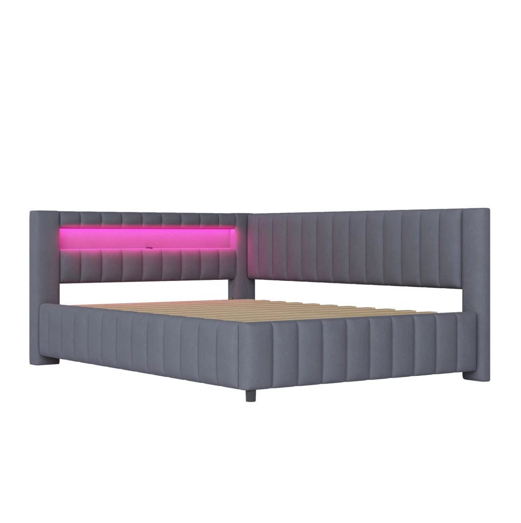 Letto imbottito a L 140x200 cm con LED e porta USB in velluto grigio