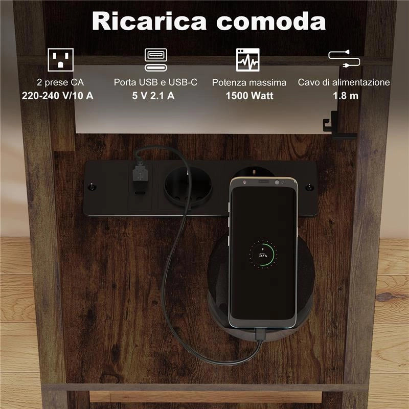 LAMPADA DA TERRA CON RIPIANI, LUCE REGOLABILE, INTERRUTTORE A PEDALE E PORTE USB, MARRONE