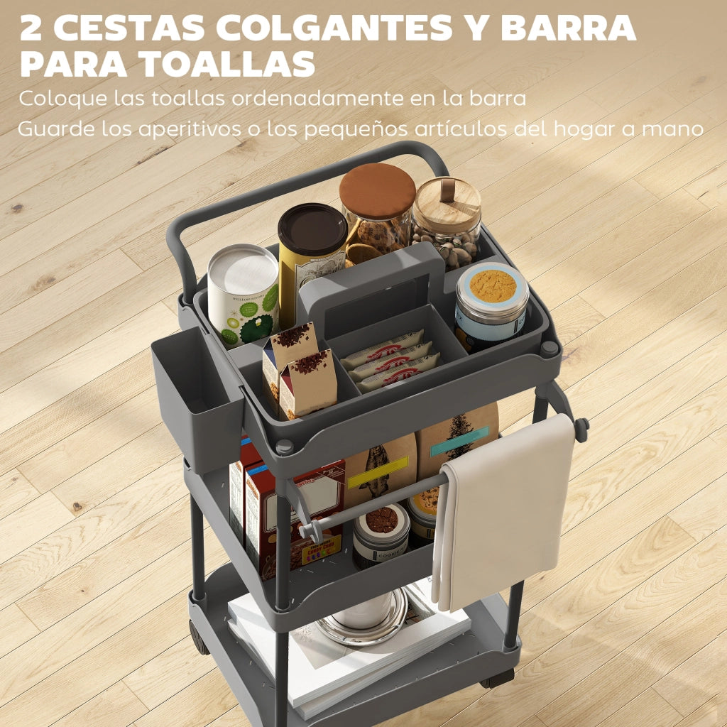 Carrello da Cucina a 3 Livelli con Cestini ¨C zephmum ¨C Grigio