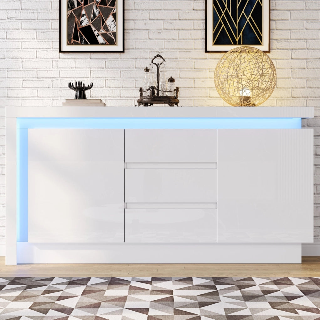 Credenza 140x35x72 cm con 3 cassetti; 2 ante e LED in truciolare bianco