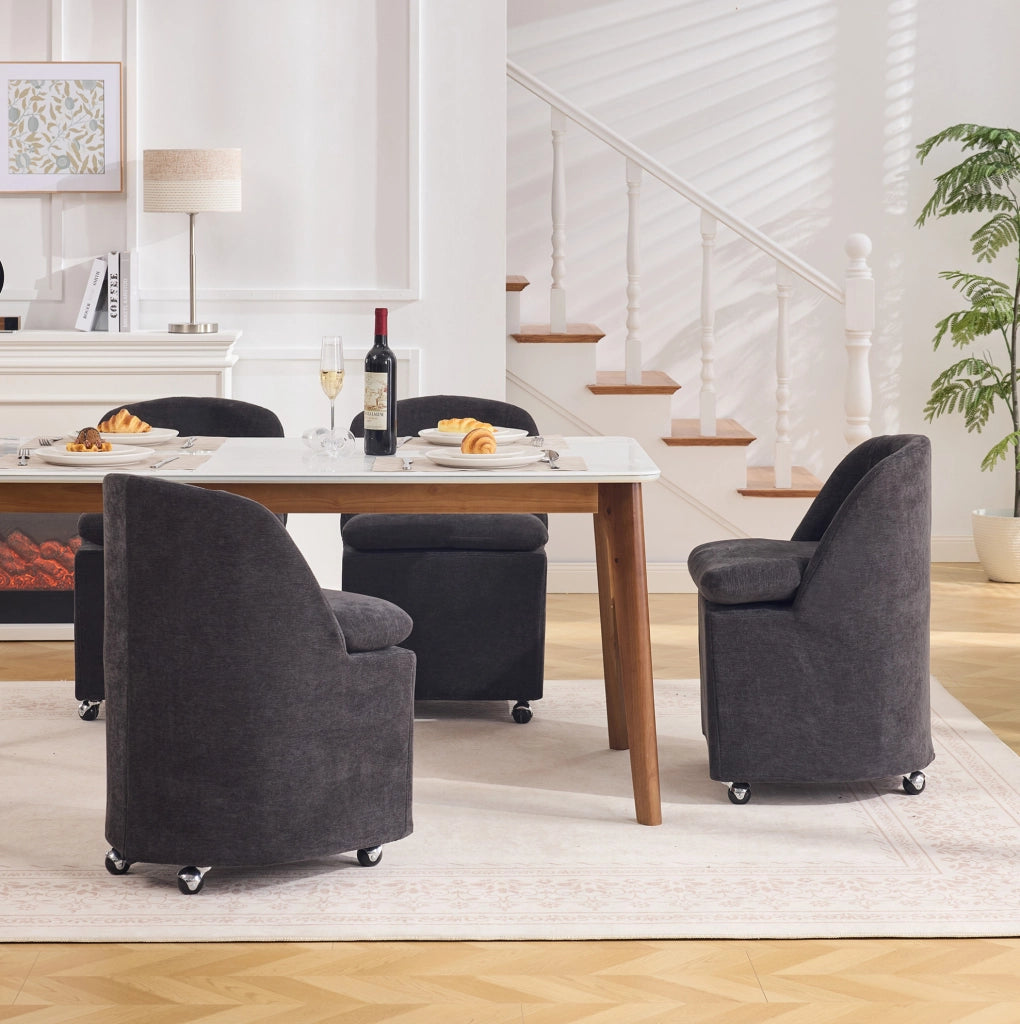 Set 2 sedie da pranzo in ciniglia grigia con ruote 360°