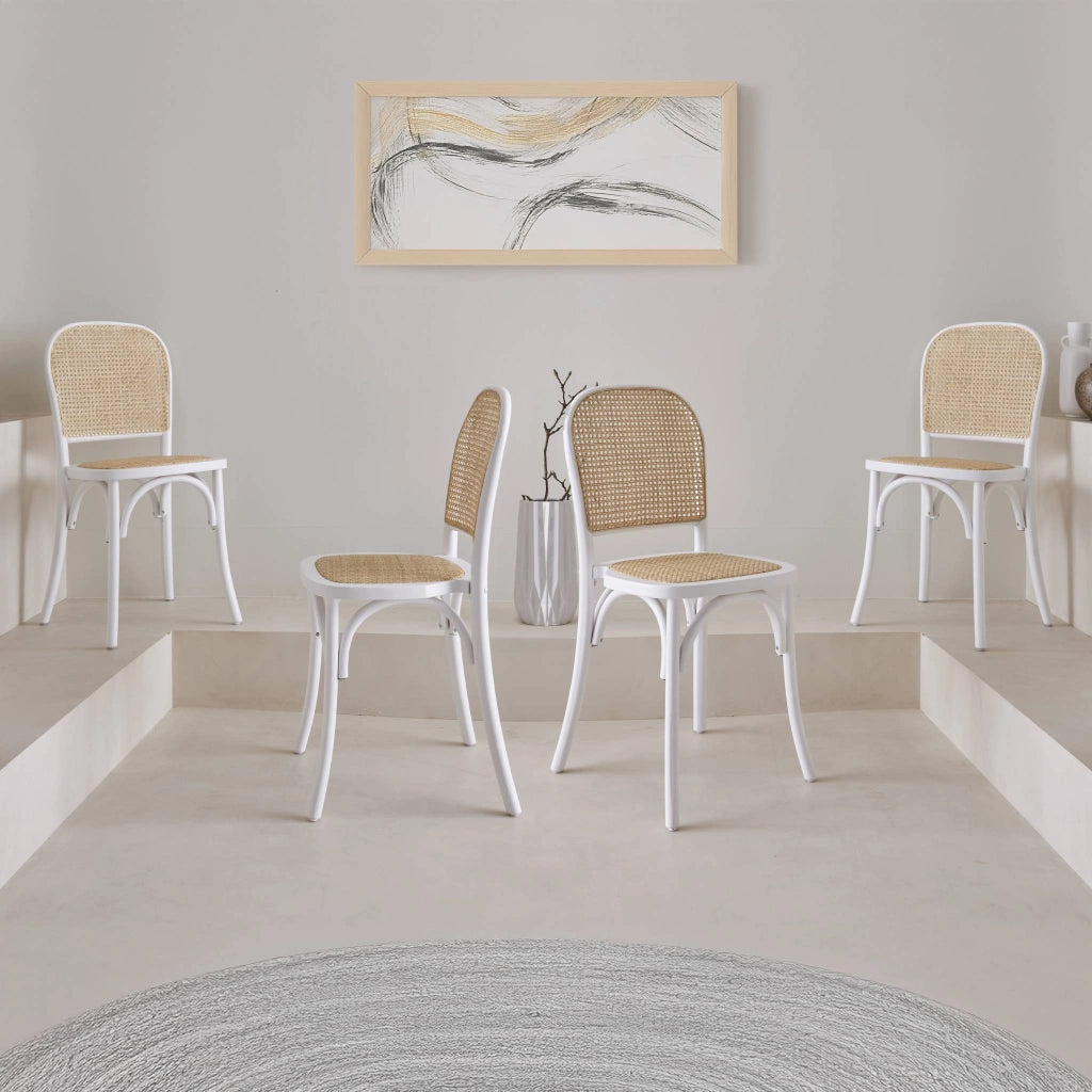 Set di 4 sedie in legno e rattan vintage , bianco