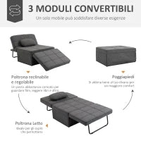 Poltrona Letto 4 in 1 con Schienale Regolabile e Cuscino in Tessuto Effetto Lino, 95x179x78 cm, Grigio