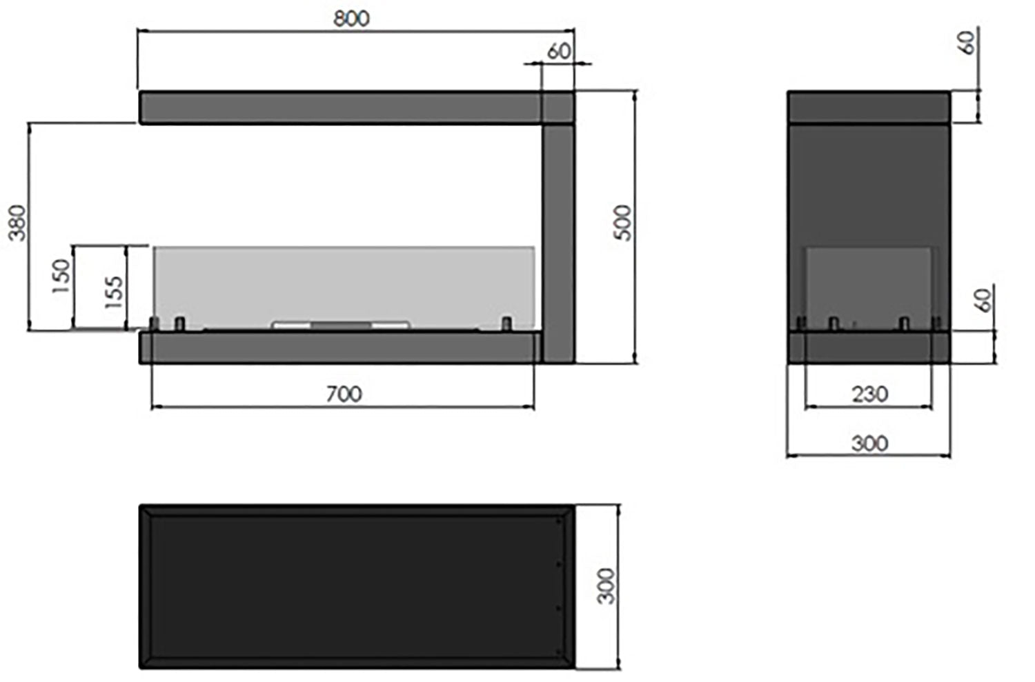 Camino a Bioetanolo Trifacciale da Incasso 80x50 cm Inside u 800 Nero con Vetro