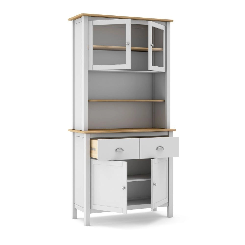 Credenza alta con vetrina Misti in legno massiccio bianco e rovere – 4 ante, 2 cassetti 90x40x180H