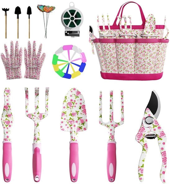 Set di attrezzi da giardinaggio, 26 pezzi, attrezzi da giardinaggio con manico in gomma e borsa Oxford, regalo ideale per donne e uomini