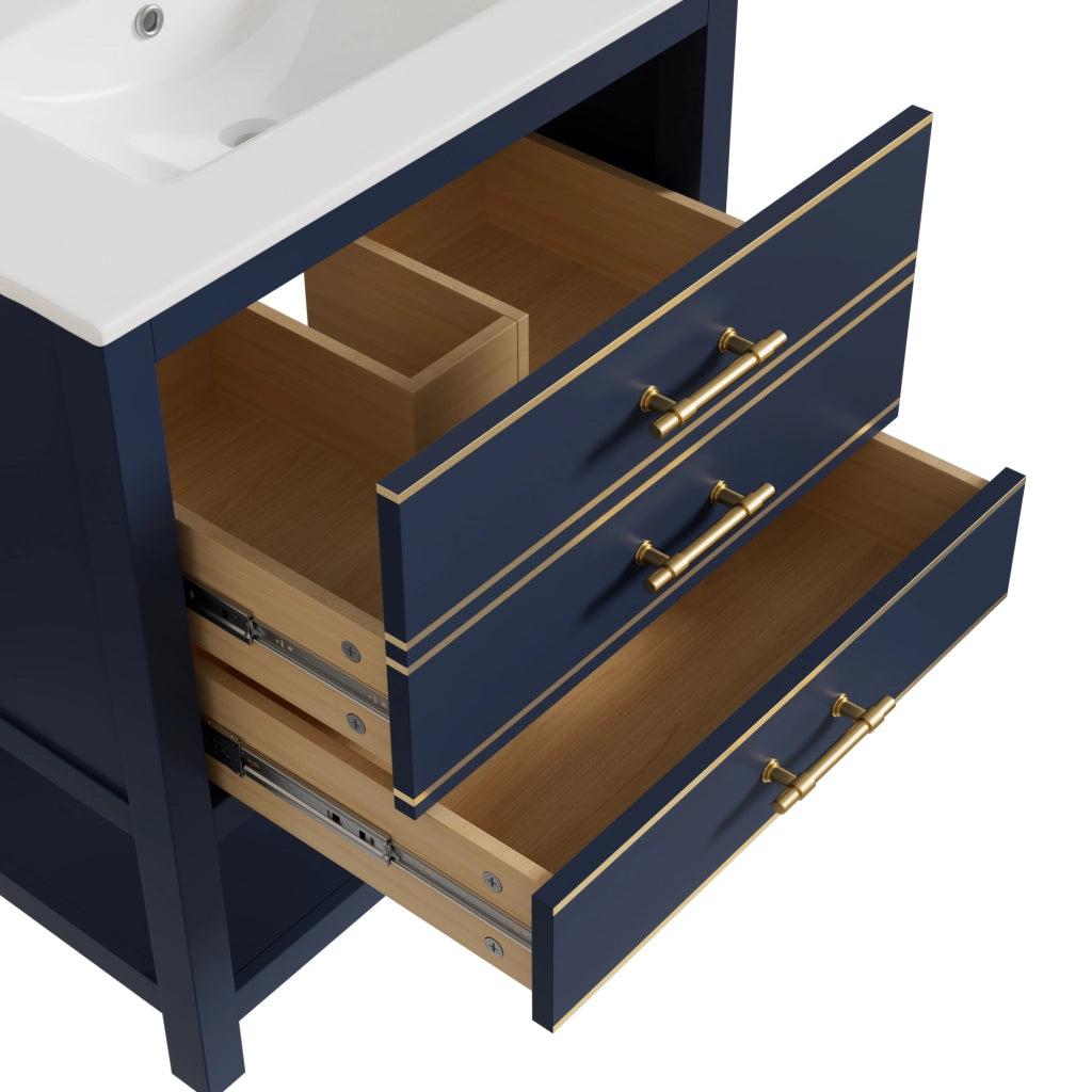 Mobile Bagno Sottolavabo con Lavabo in Ceramica ¨C MINIMAL ¨C 2 Cassetti, MDF Laccato, Maniglie Dorate