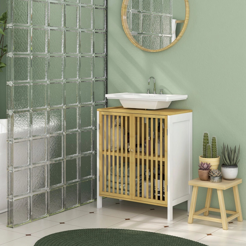 Mobile Sottolavabo 2 Ante con Ripiano Regolabile ¨C zephmum ¨C 60x30x70 cm MDF e Bamb¨´