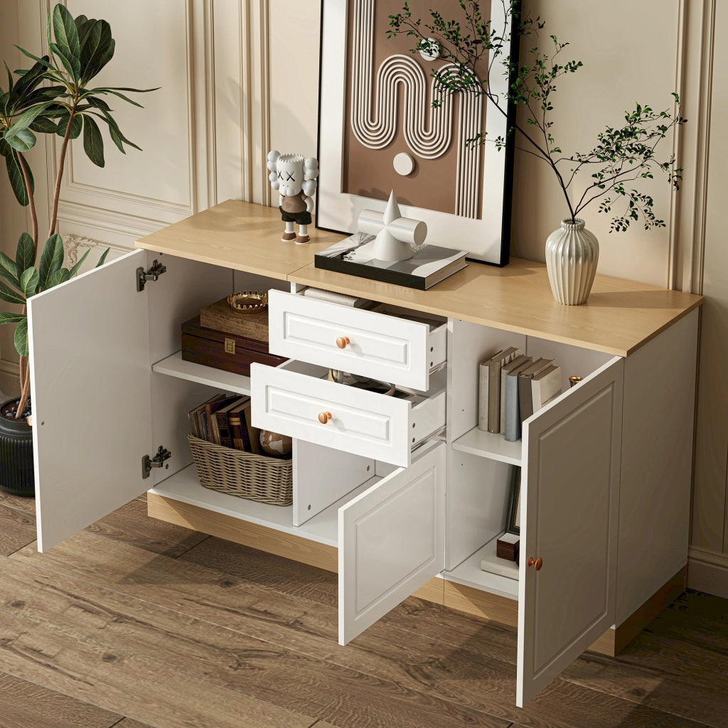 Credenza con 3 Ante; 2 Cassetti e Ripiani Regolabili; Stile Minimalista; in Pannello Truciolare; Bianco e Legno; 135;5??39??76 cm