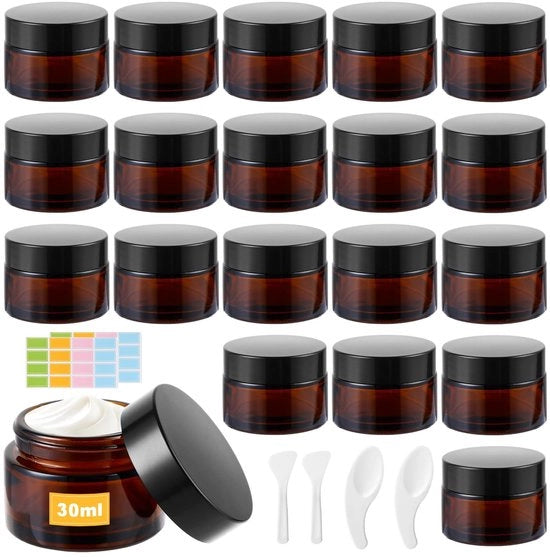 Set di 20 contenitori in vetro marrone da 30 ml - Inclusi cucchiai e etichette - Per creme, unguenti e prodotti per bambini - Soluzione di conservazione professionale - Contenitore per cosmetici