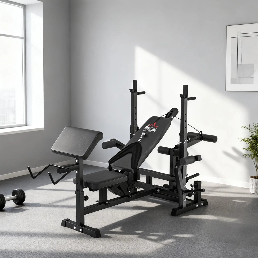 Panca da Palestra Regolabile con Supporto per Bilanciere 210x110x103-123 cm in Acciaio e PU Nero