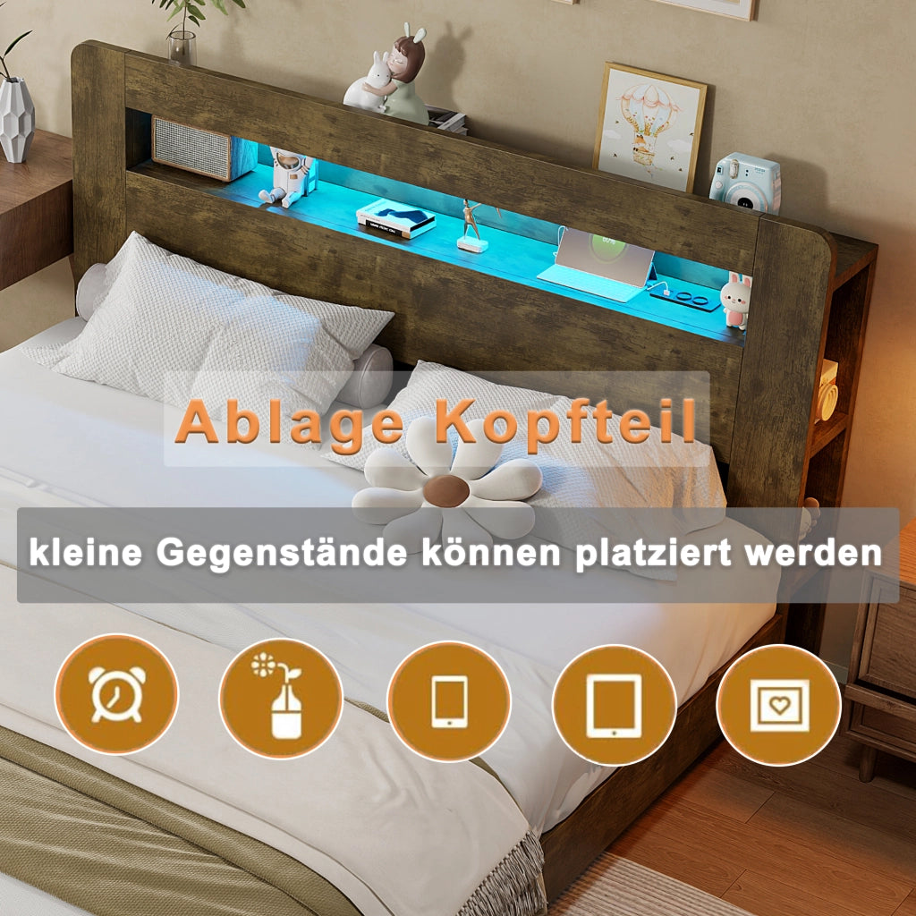 DESMIU Letto contenitore 140 × 200 cm 2 posti con sollevamento idraulico, LED, prese e ripiani, senza materasso, legno