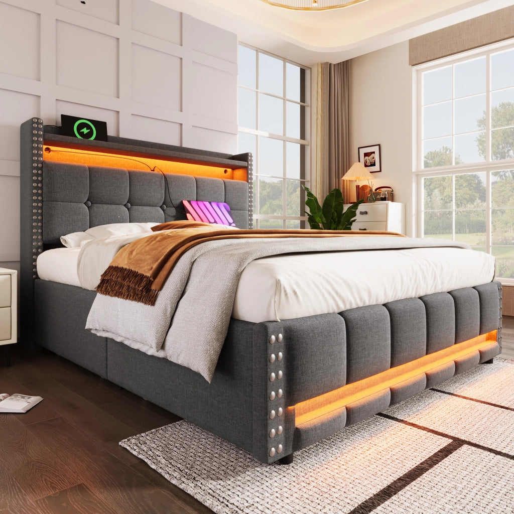 OKWISH Letto con Cassetti Letto Matrimoniale 160×200 cm con LED Regolabile, USB, Tipo C e Mensole, senza Materasso, in Tessuto Grigio