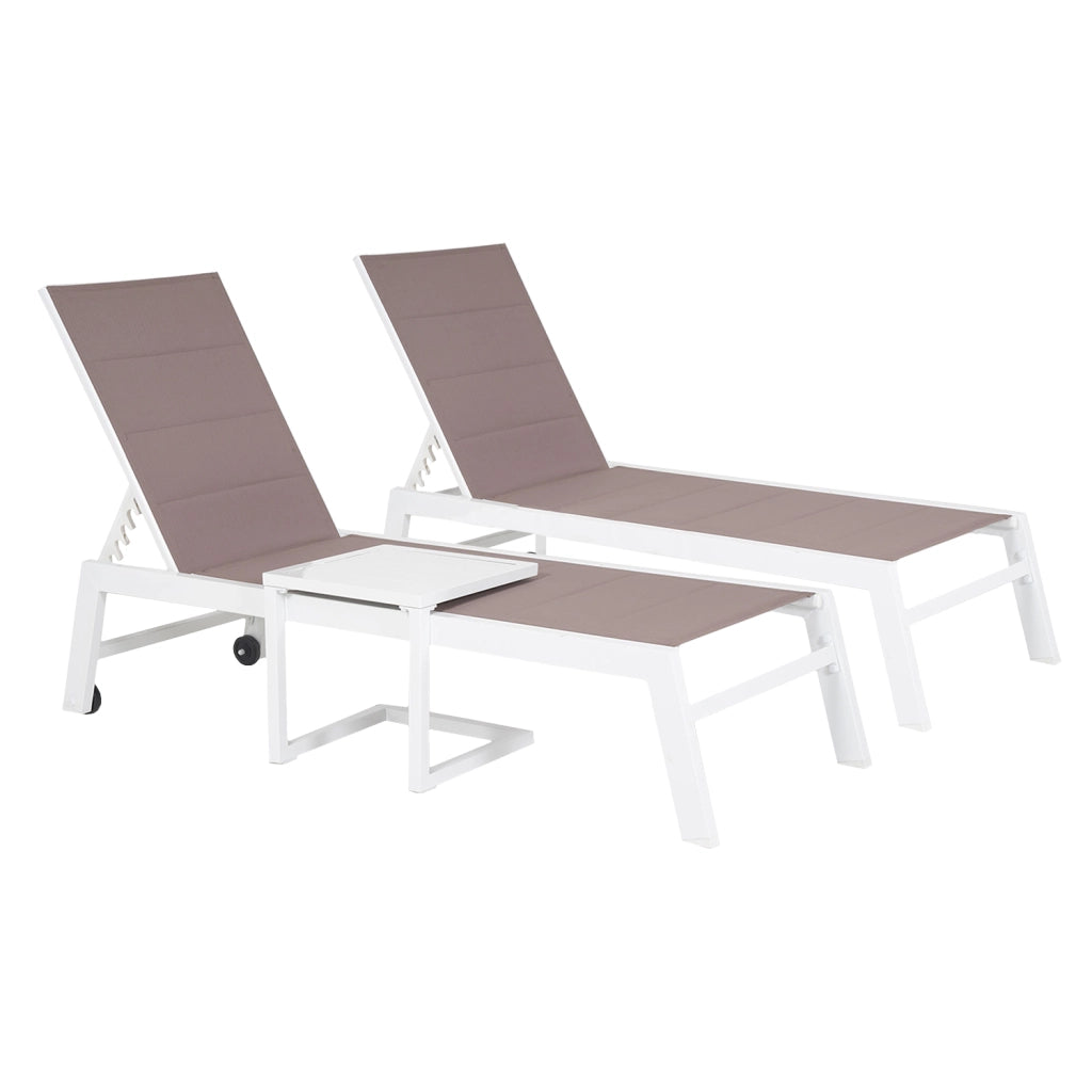 Set di 2 lettini BARBADOS eTavolino in textilene tortora - alluminio bianco