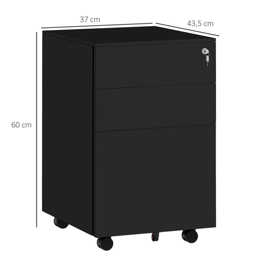 Cassettiera ufficio mobile con 3 cassetti, chiudibile a chiave, in acciaio nero, 37 x 43,5 x 60 cm