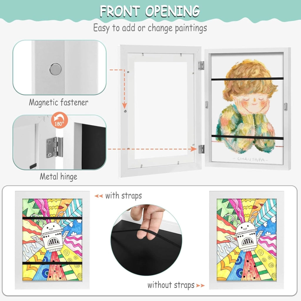 Set di 10 Cornice per Foto A4, Portafoto Profondo Apribile con Chiusura Magnetica, Cornice 3D da Parete con Ganci per Galleria, Camera da Letto, Frontale in Plexi, Telaio in MDF, Bianco