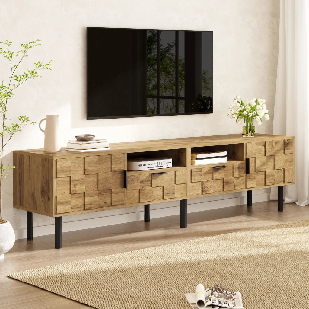 Mobile porta TV con 2 ante, 2 cassetti e 2 vani aperti, per soggiorno, in truciolare, naturale e nero 160 × 35 × 42,5 cm