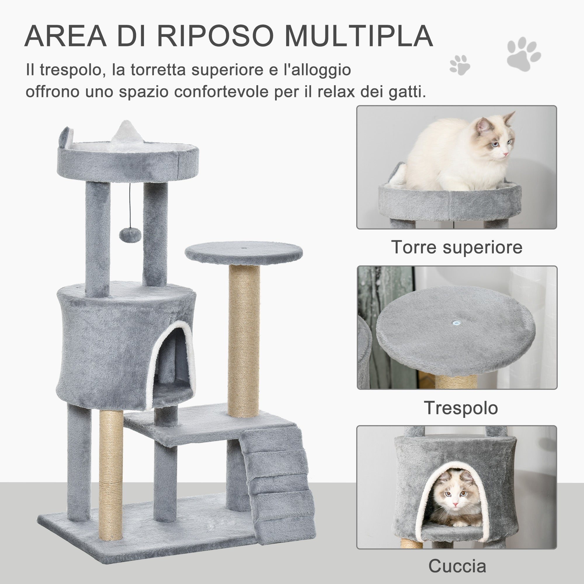 Albero Tiragraffi per Gatti 60x40x100 cm con Trespolo Casetta Rampa e Pallina in Legno e Peluche