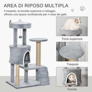 Albero Tiragraffi per Gatti 60x40x100 cm con Trespolo Casetta Rampa e Pallina in Legno e Peluche