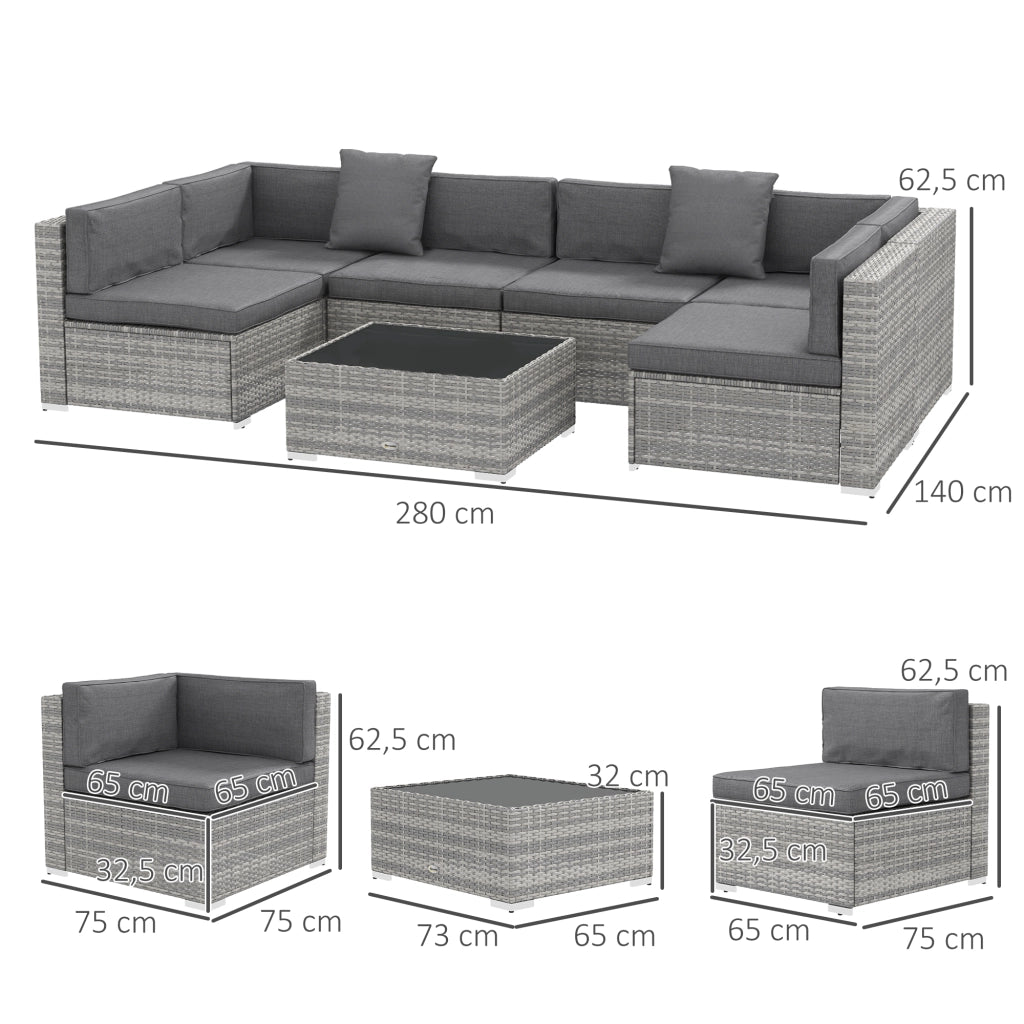 Set salotto da giardino 7 pezzi modulabile ¨C zephmum ¨C grigio, polyrattan, vetro temperato, cuscini