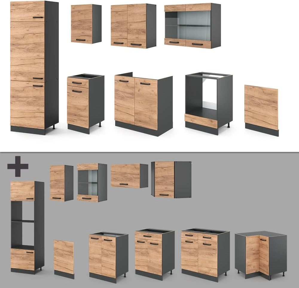 Cucina componibile R-Line, Quercia dorata/antracite, 300 cm, PL Marmo, adatto per l'espansione personalizzata tramite moduli aggiuntivi