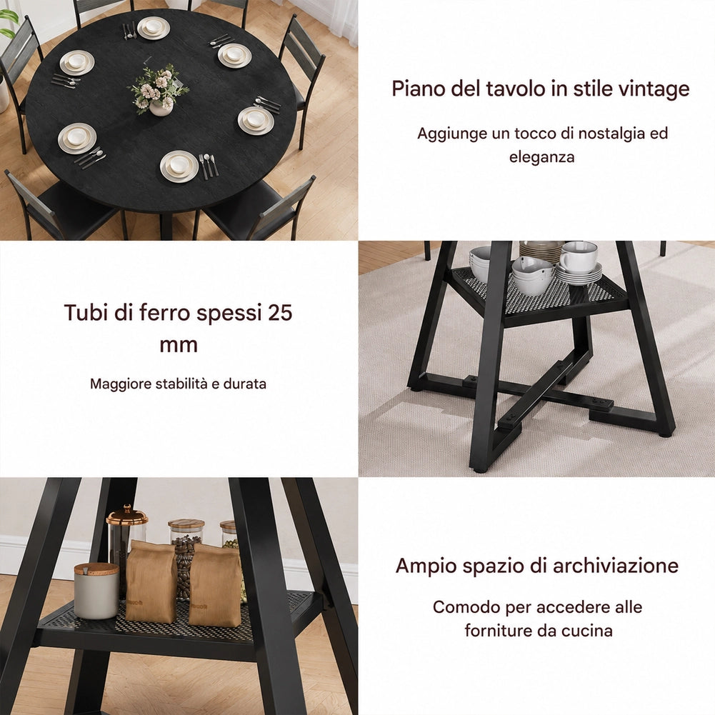 Tavolo per Sala da Pranzo Tondo Nero con Ripiano Portaoggetti 120x120x76cm