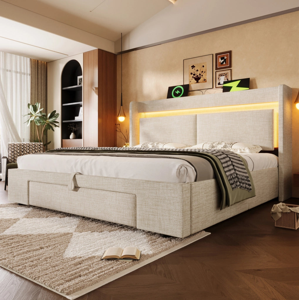 Letto imbottito 160x200 cm con vano contenitore idraulico; LED; USB e USB-C; lino beige