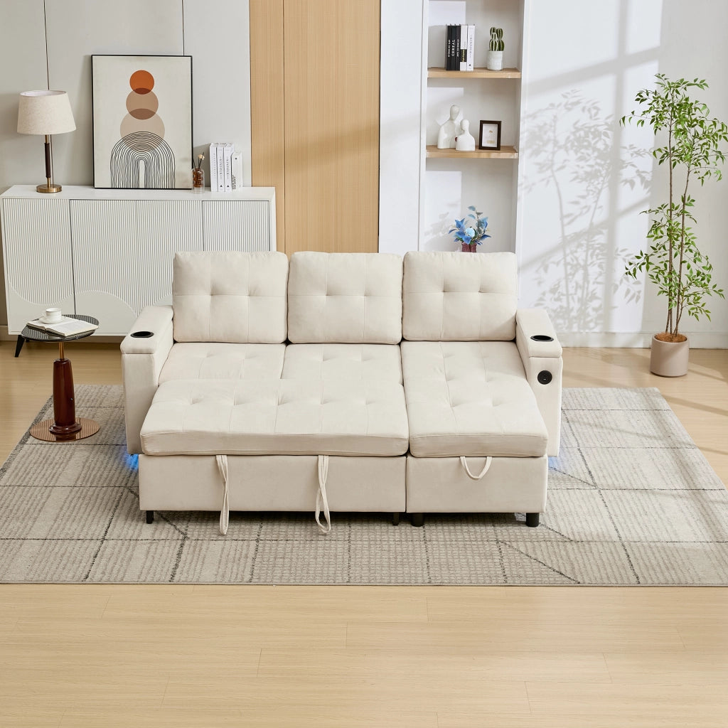 Divano letto angolare 3 posti con contenitore; LED; USB e portabicchieri in tessuto beige