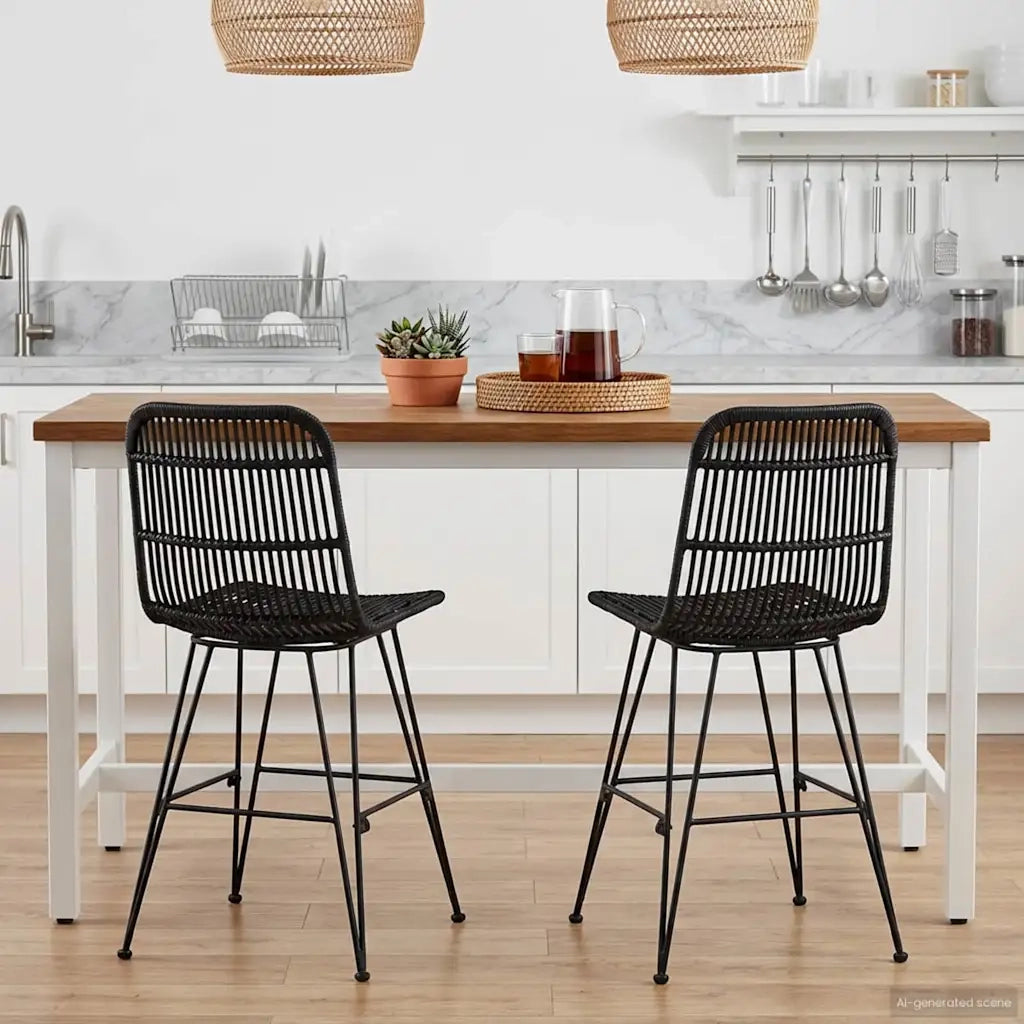 Sedia da pranzo 2 pcs Nero 41 x 55 x 85 cm Rattan e acciaio