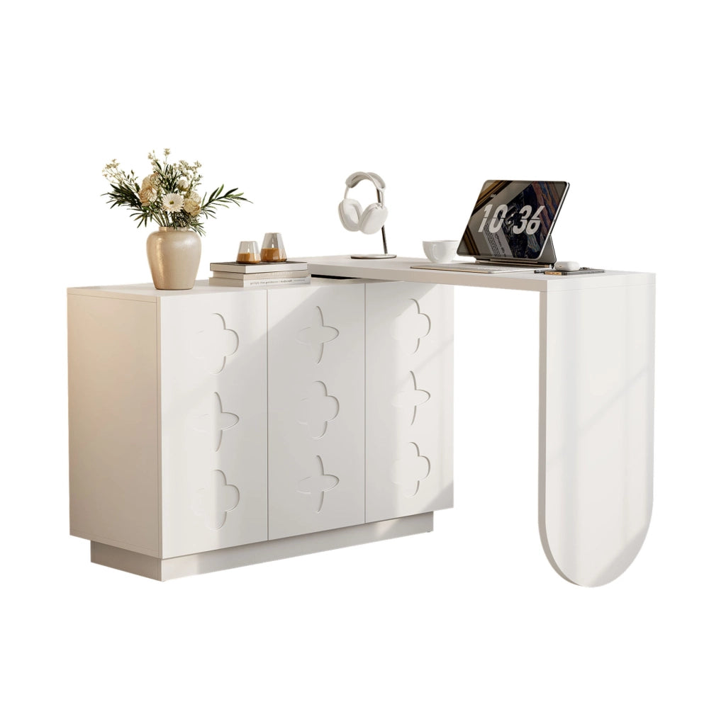 Scrivania angolare girevole a L 110 cm in MDF bianco con mobile contenitore