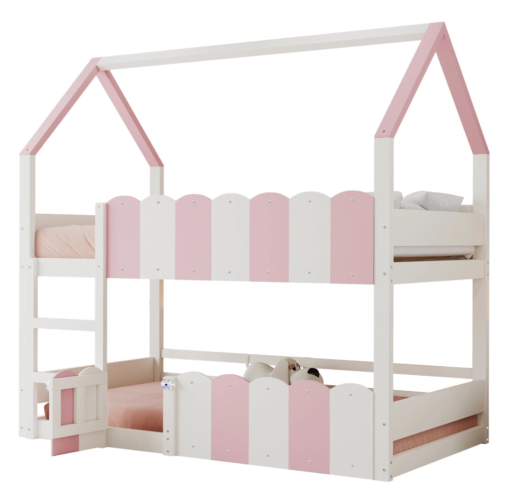 Letto a castello per bambini 90x200 cm a forma di casa rosa e bianco
