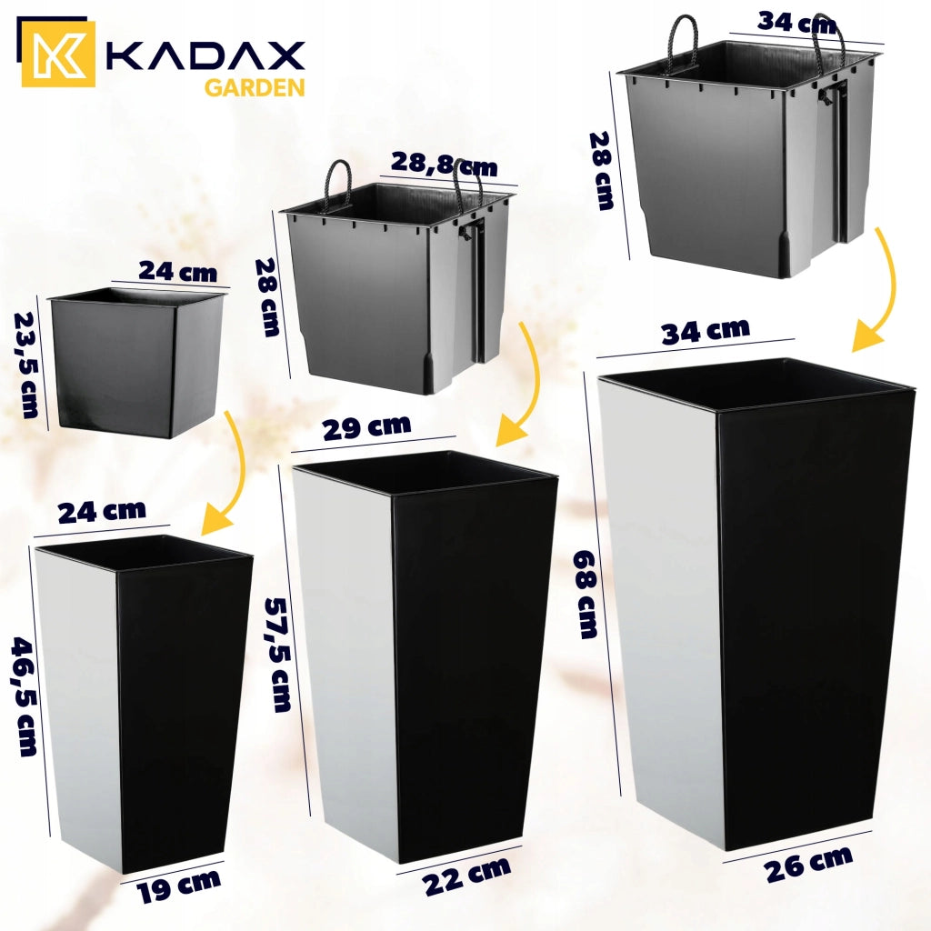 Set di 3 vasi da fiori KADAX, vasi da giardino + inserti, alti e grandi, neri, 47+57+68 cm